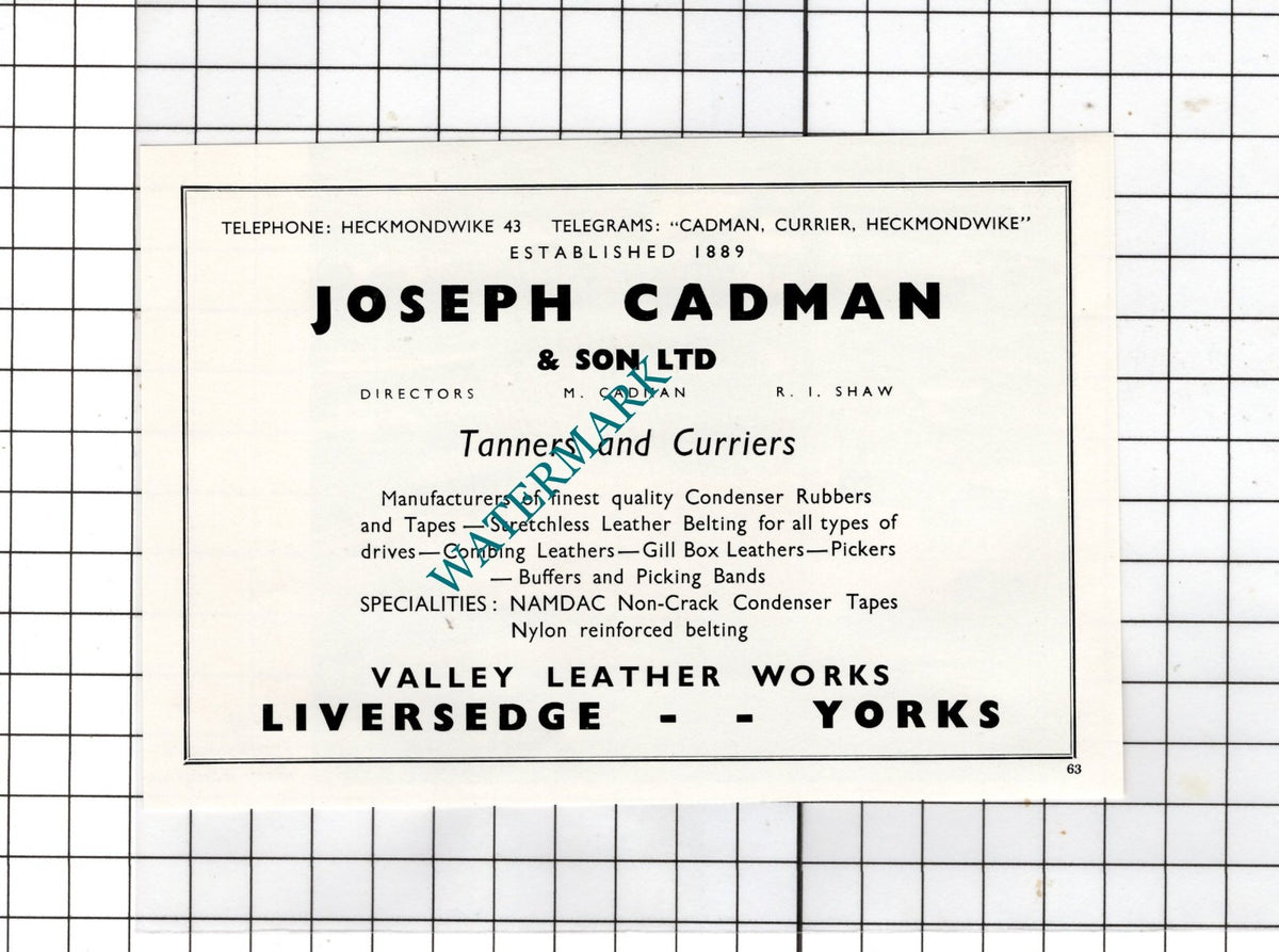 Joseph Cadman & Son Ltd Tanners Liversedge Yorkshire - c.1962 Small Advert