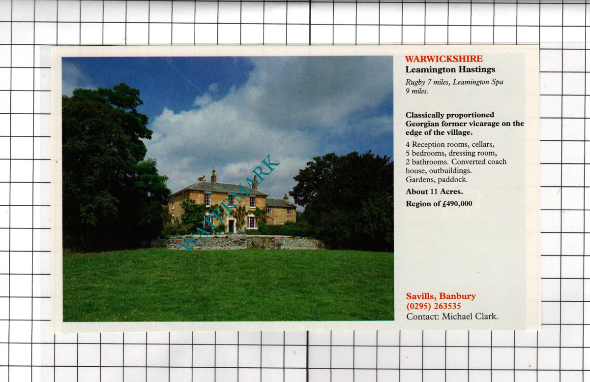 Leamington Hastings Warwickshire Vicarage House Sale Advert -- 1991 Cutting