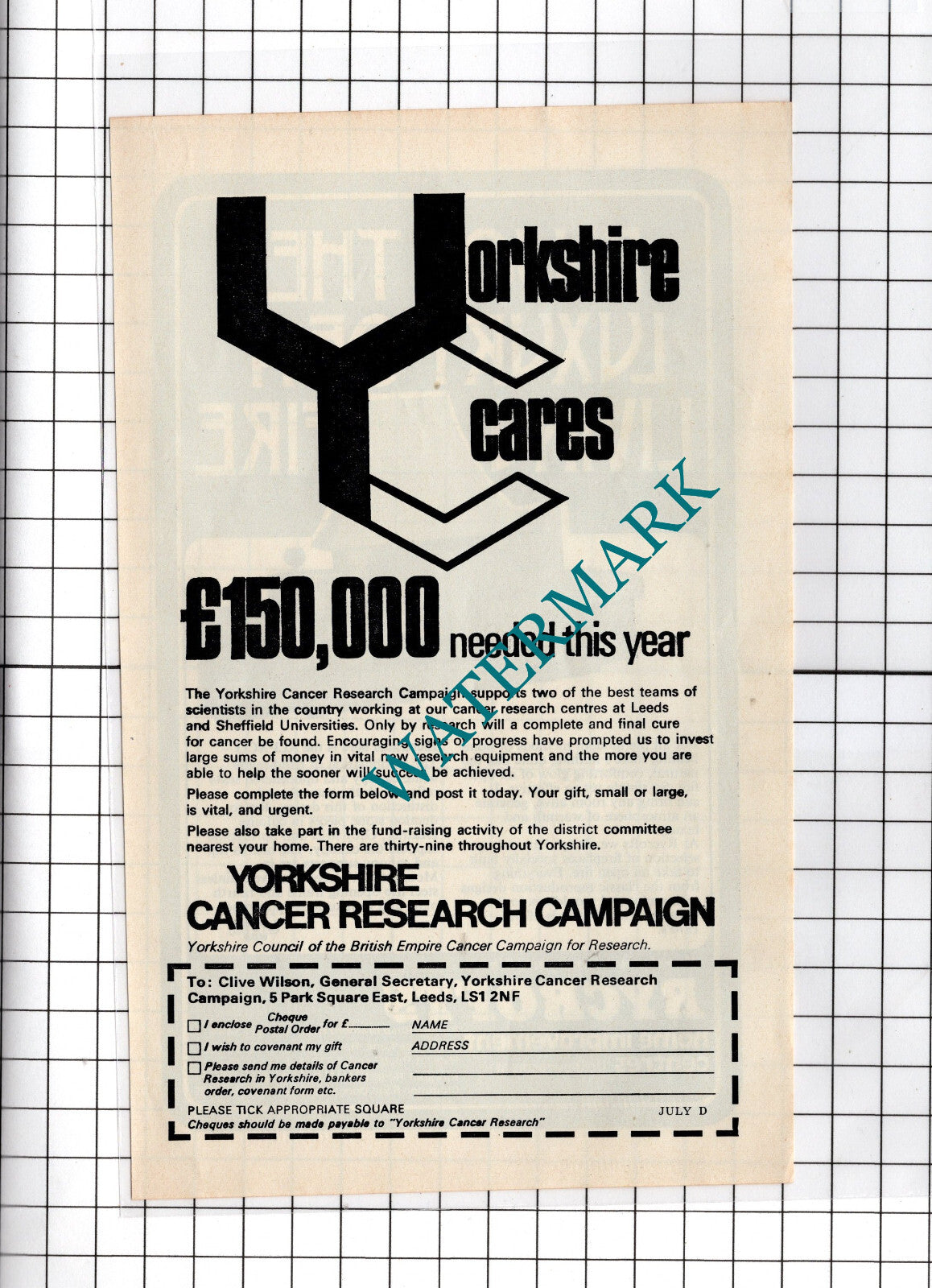 Yorkshire Cancer Research Campaign Advert - 1972 Cutting