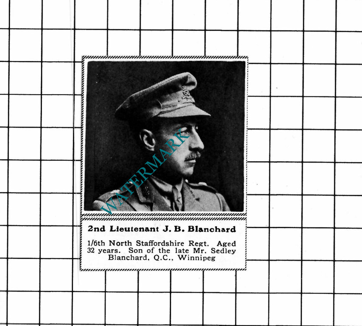 2nd Lt J B Blanchard 1/6th North Staffordshire Sedley c.1918 SMALL Clipping
