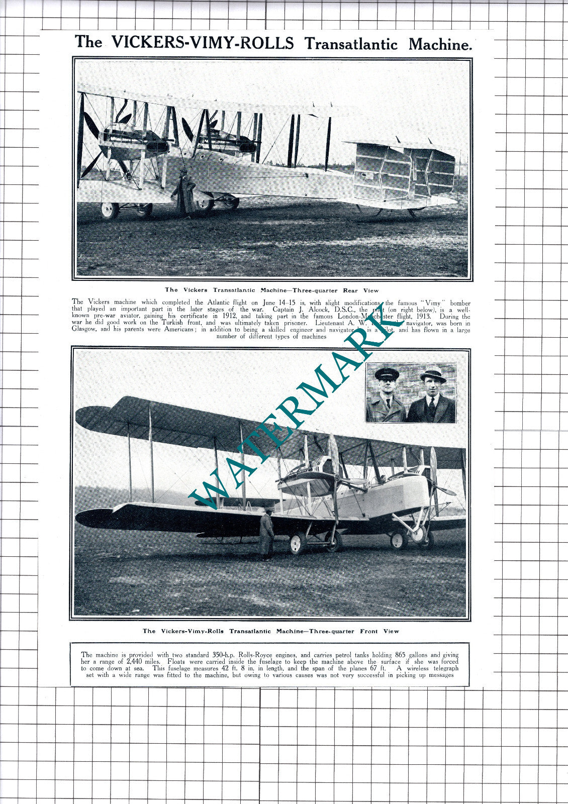 The Vickers Vimy Rolls Aircraft Captain Alcock - 1919 Cutting / Print