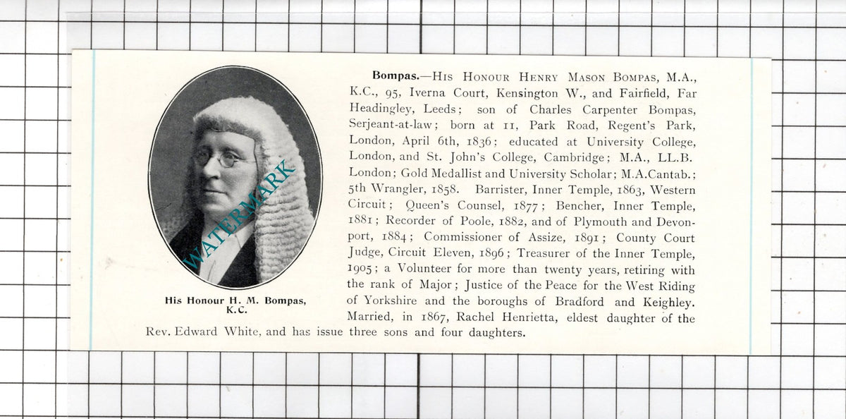 His Honour Henry Mason Bompas Fairfield Far Headingley Leeds - c.1905 Clipping