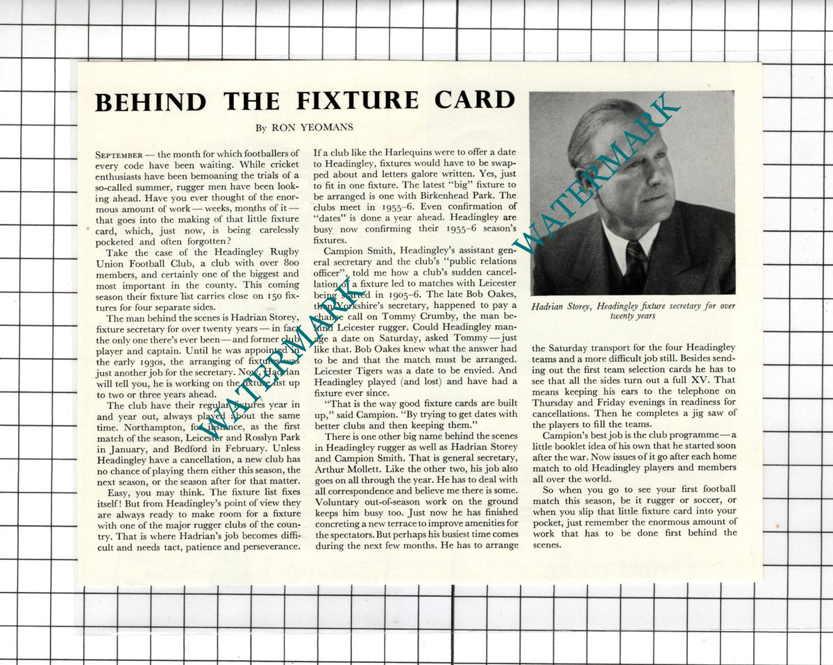 Mr Hadrian Storey Headingley Rugby - 1954 Clipping