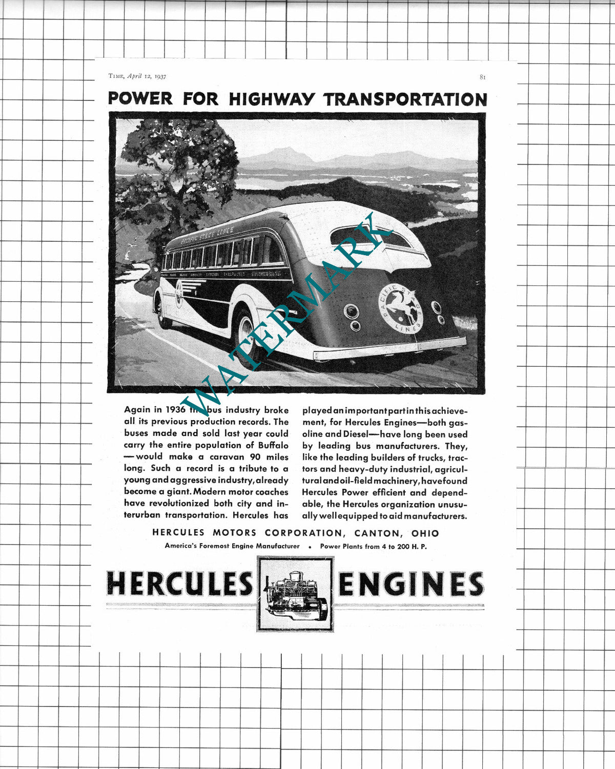Pacific Stage Lines Bus Hercules Motors Canton Ohio Advert - 1937 Clipping