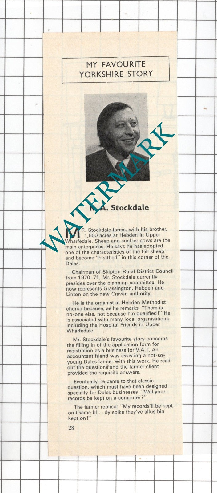 Mr R A Stockdale Hebden Upper Wharfedale Yorkshire - 1974 Small Clipping