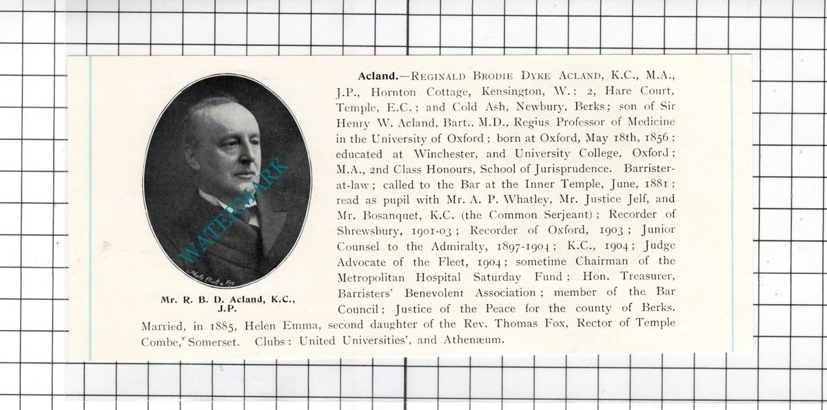 Mr Reginald Brodie Dyke Acland Cold Ash Newbury Berkshire - c.1905 Clipping
