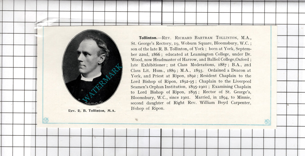Rev Richard Bartram Tollinton St George's Rectory Bloomsbury - c.1910 Cutting