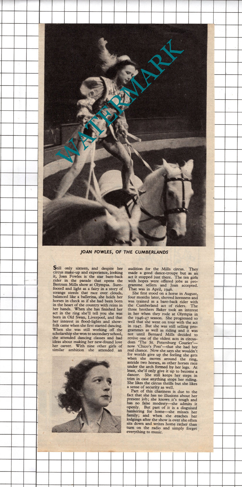 Joan Fowles Cumberlands Bare Back Rider Circus Act - 1948 Clipping