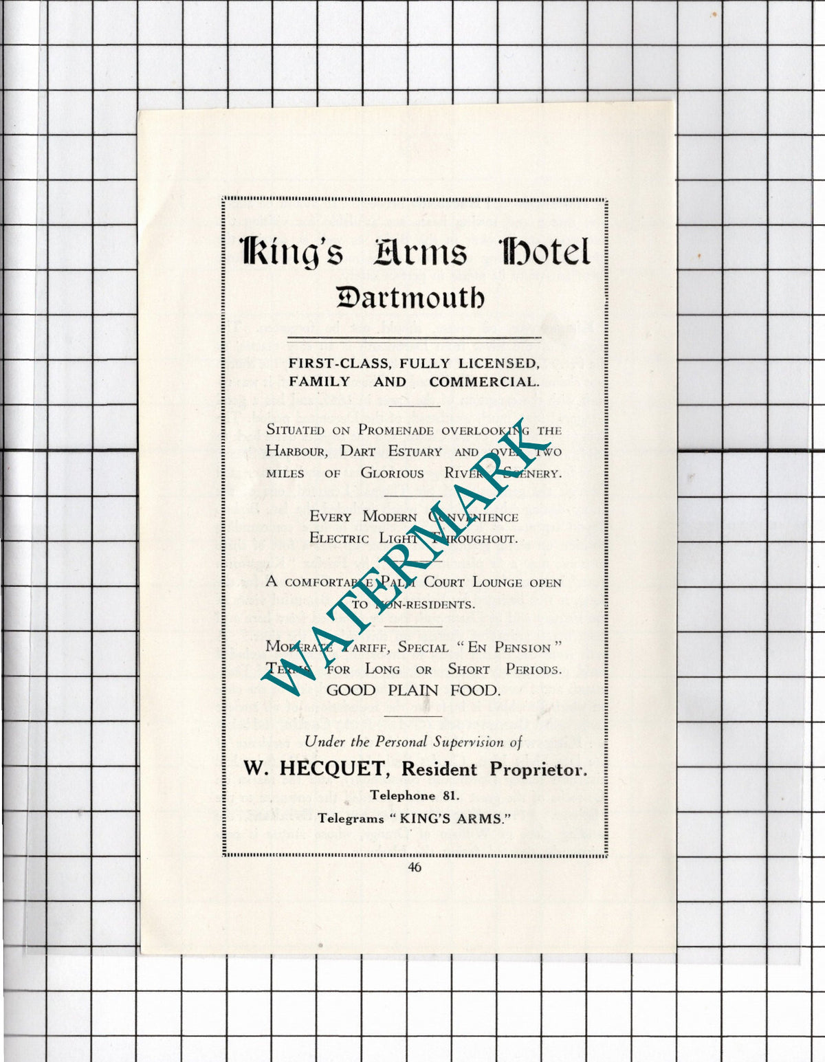 King's Arms Hotel Dartmouth Devon W Hecquet - c.1940's Advert