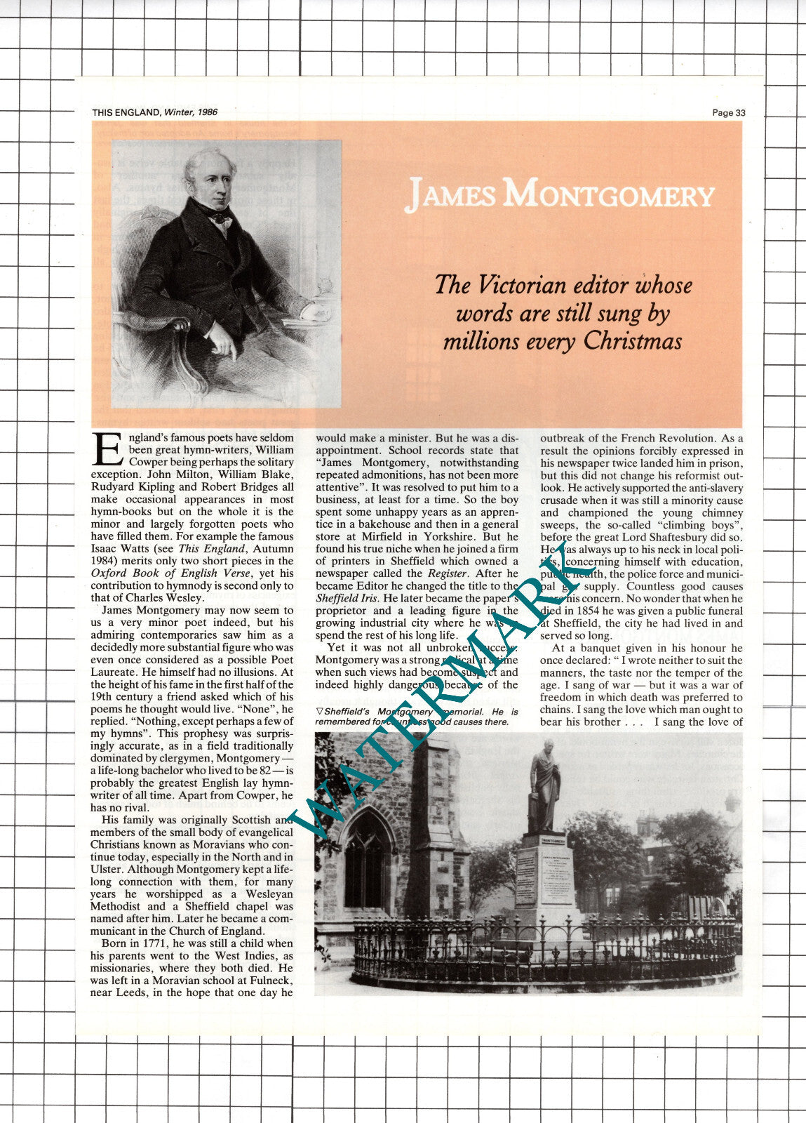 James Montgomery Hymn Writer Poet - 1986 Article