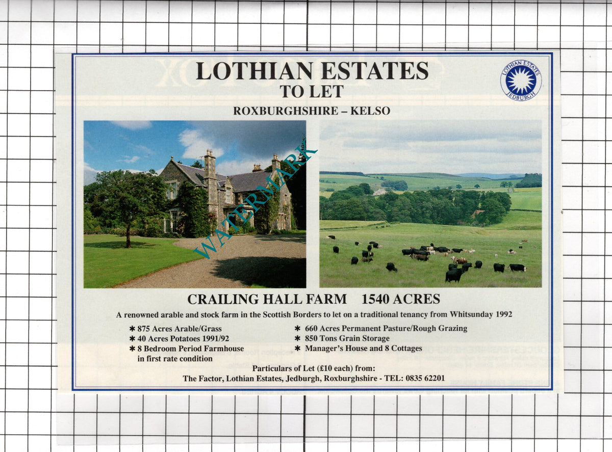 Crailing Hall Farm Roxburghshire House Sale Advert - 1991 Cutting