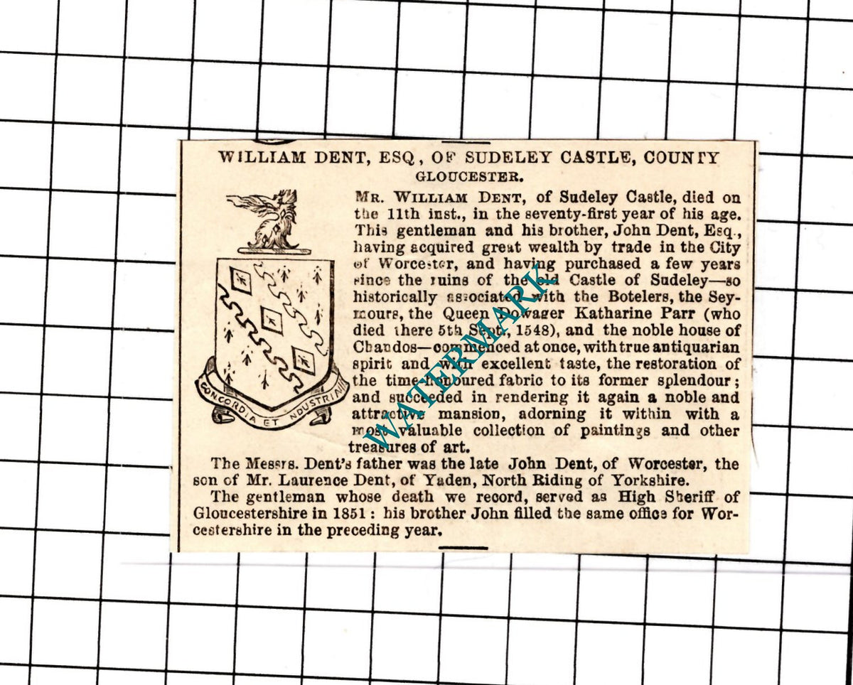 William Dent Sudeley Castle Gloucester Obituary - 1854 SMALL Clipping