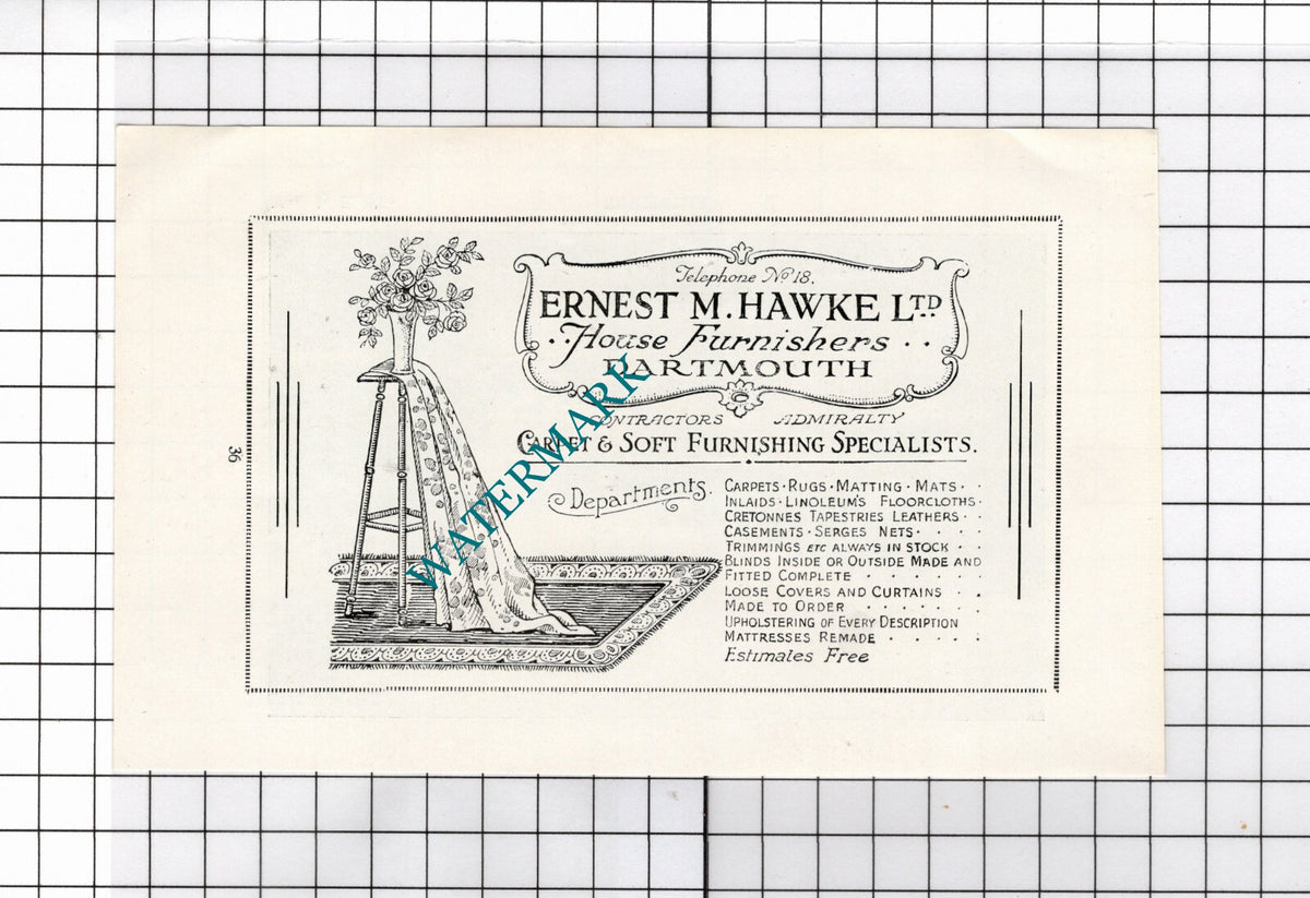 Ernest M Hawke Ltd House Furnishers Dartmouth Devon - c.1940's Advert
