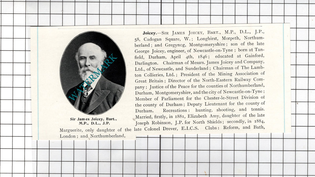 Sir James Joicey Longhirst Morpeth Northumberland Gregyncg - c.1905 Cutting