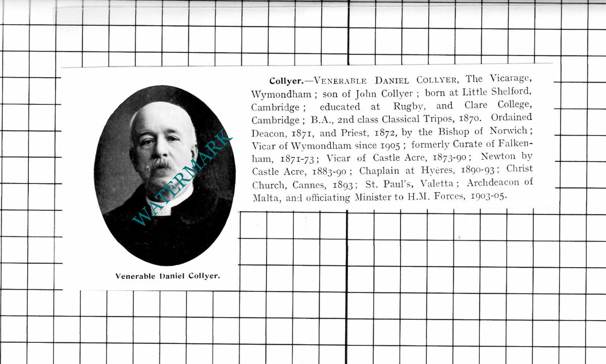 Venerable Daniel Collyer The Vicarage Wymondham Norfolk - 1911 Clipping