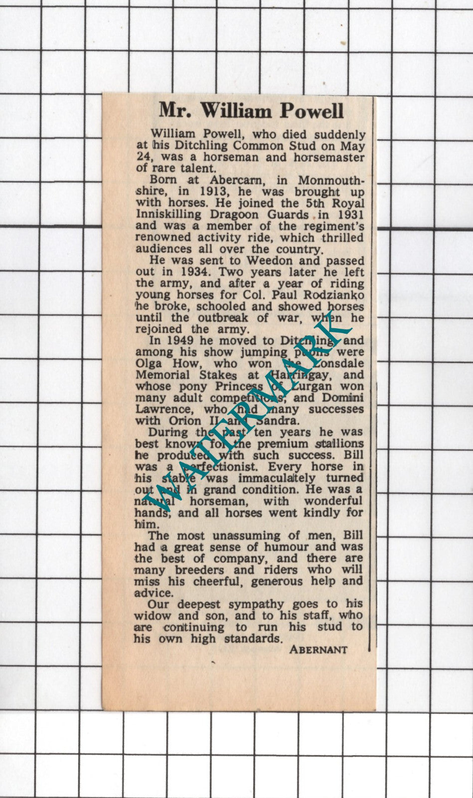 Mr William Powell Ditchling Common Stud Obituary - 1971 Small Cutting