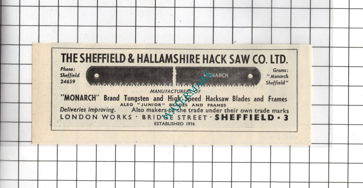 The Sheffield & Hallamshire Hack Saw Co Ltd Sheffield - 1954 Small Advert