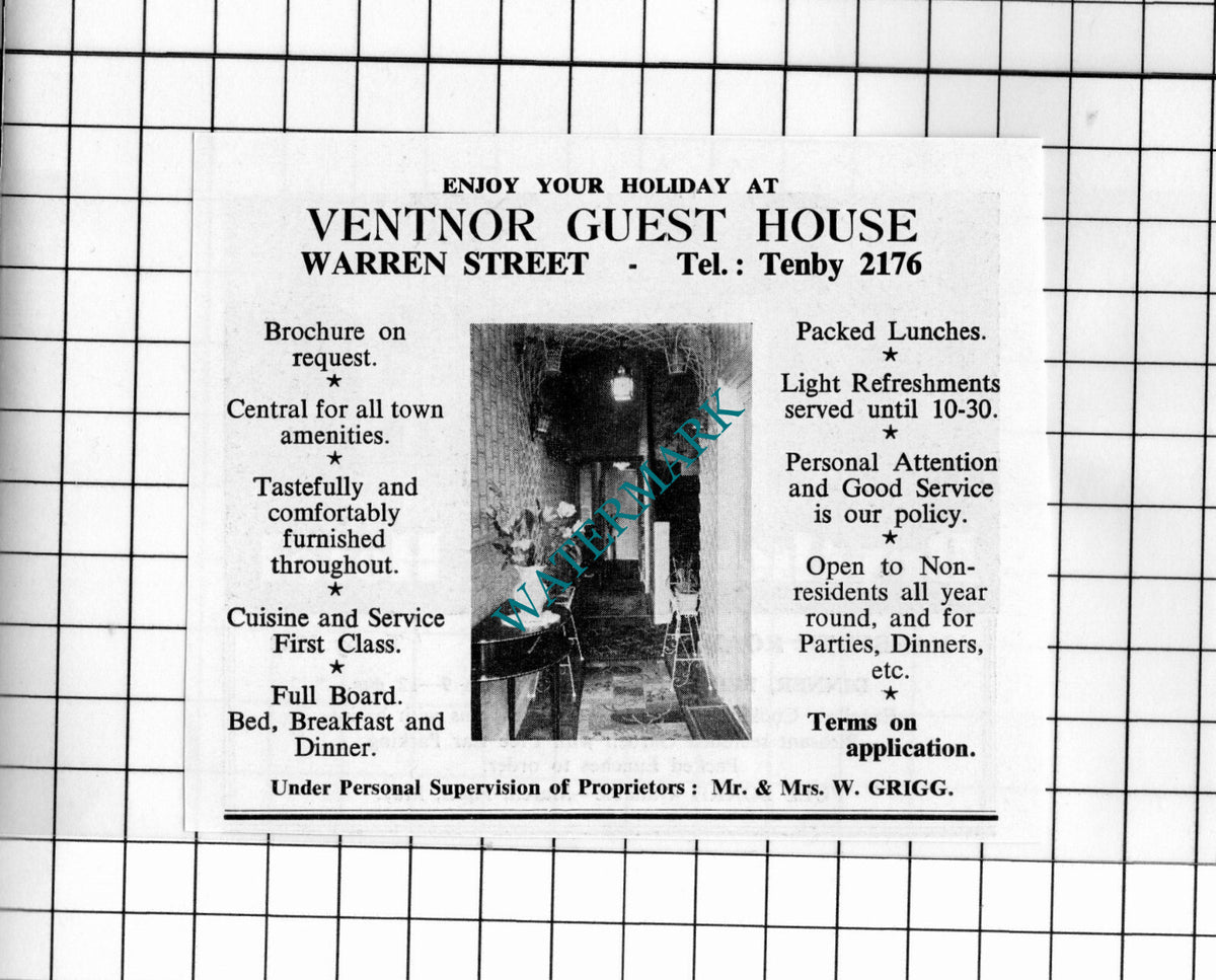Brython Place Hotel Tenby Wales / Ventnor Guest House Grigg - 1962 Small Advert
