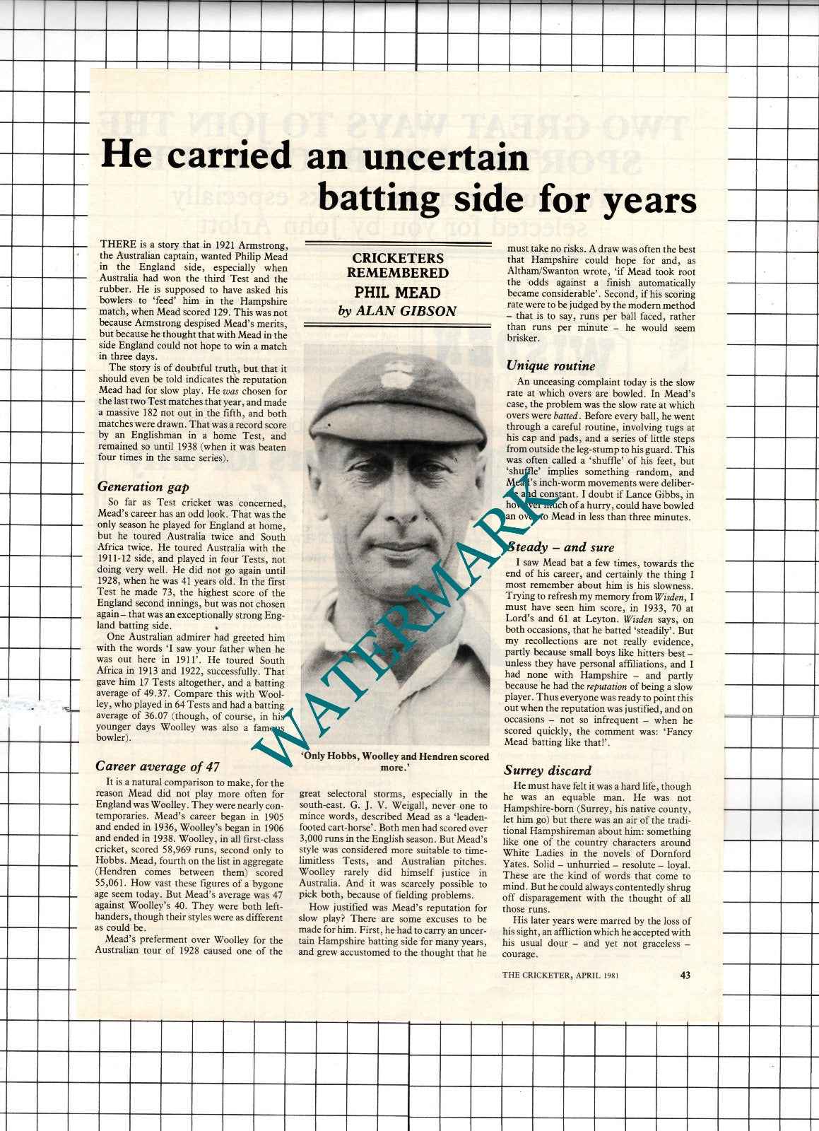 Philip Mead Cricketer Cricket - 1981 Article