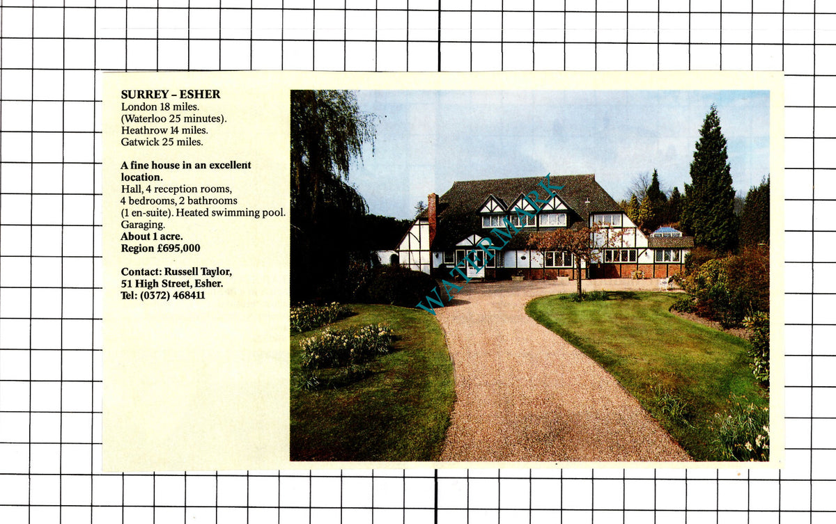 Esher Surrey House Sale Advert - 1991 Clipping / Print