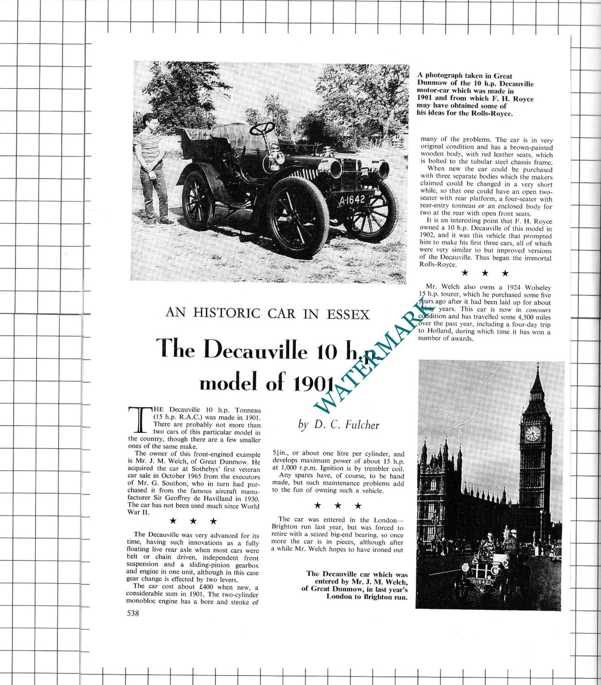 Mr J M Welch Great Dunmow Essex Decauville Tonneau Car - 1967 Article