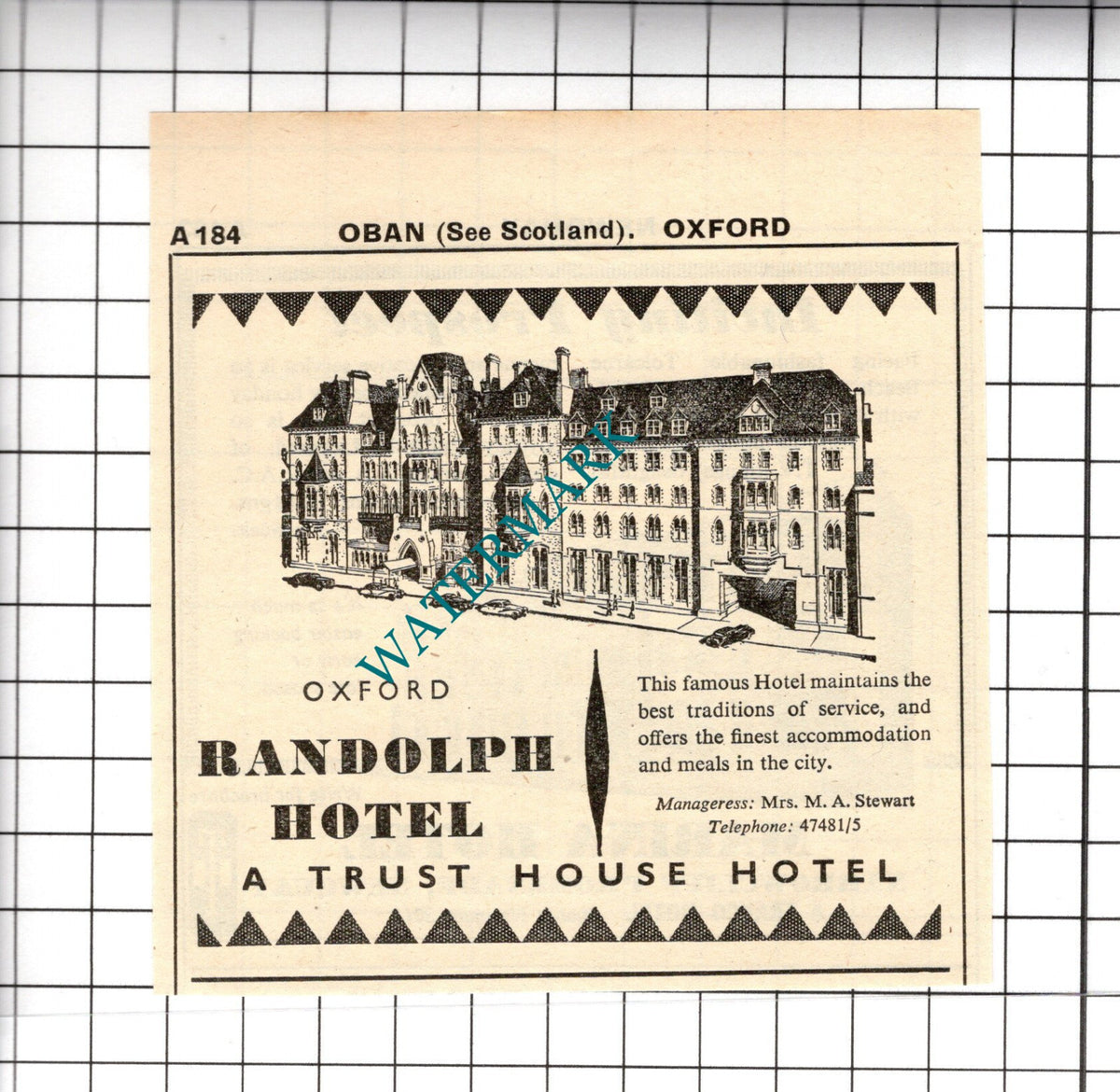 Randolph Hotel Oxford Mrs M A Stewart Small Advert - 1958 Cutting
