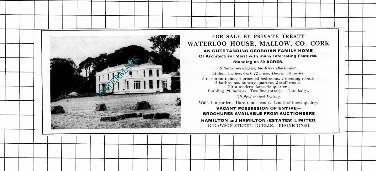 Waterloo House Mallow Cork Ireland House Sale Advert - 1969 Clipping / Print