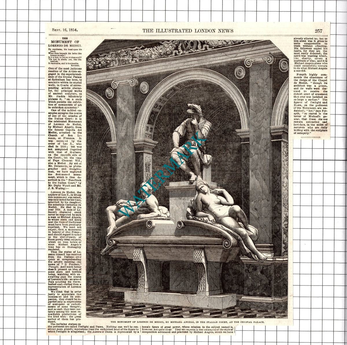 Lorenzo de Medici Monument Crystal Palace - 1854 Clipping / Print