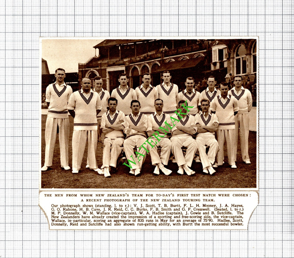 New Zealand Cricket Team Burtt Mooney Rabone Hadlee Cresswell - 1949 Cutting