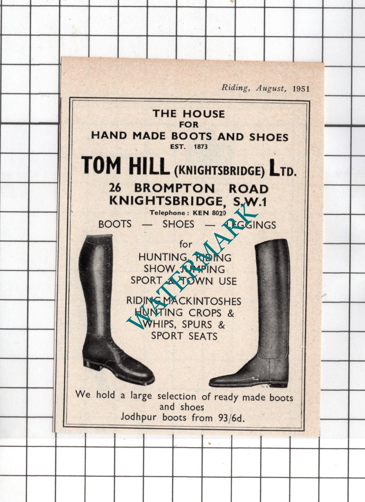 Tom Hill (Knightsbridge) Ltd London - 1951 SMALL Advert