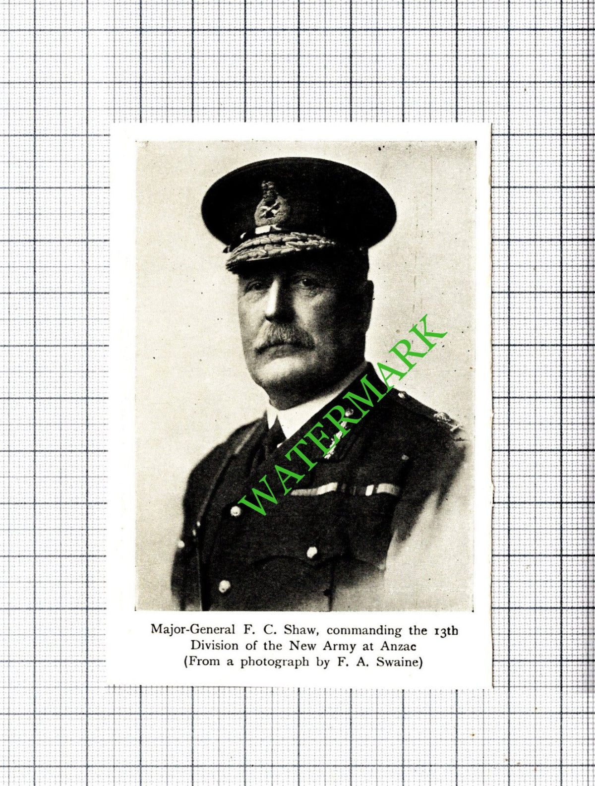 Major Gen F C Shaw 13th Division New Army Anzac Great War -c.1920 Small Cutting