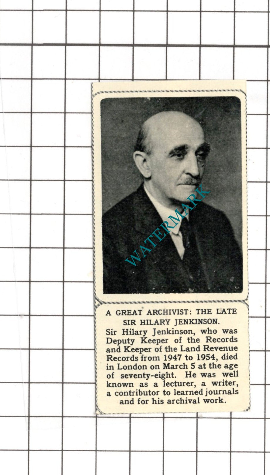 Sir Hilary Jenkinson Obituary - 1961 SMALL News Cutting