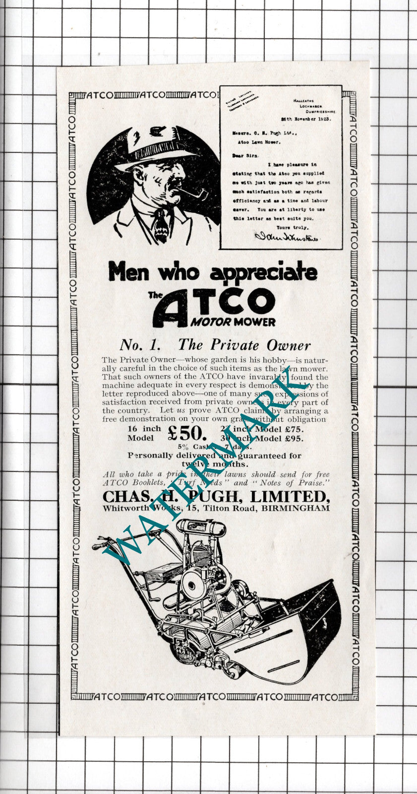 Chas H Pugh Ltd Birmingham Atco Mower - 1925 Advert