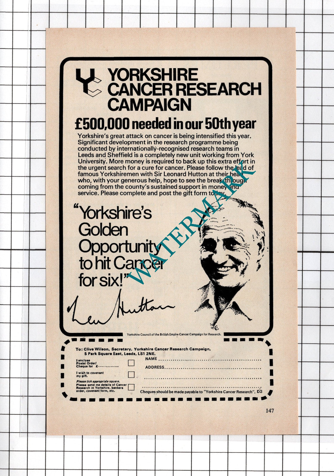 Len Hutton Yorkshire Cancer Research Campaign Advert - 1976 Cutting