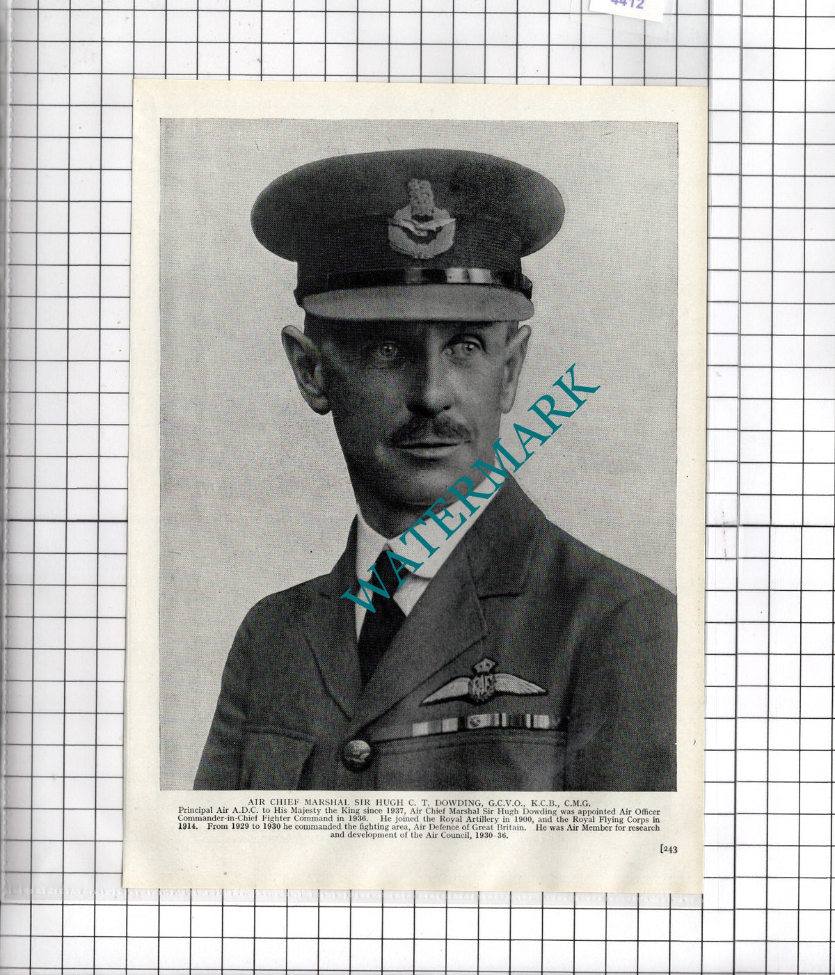 Air Chief Marshal Sir Hugh Dowding WW2 - c.1940s Cutting