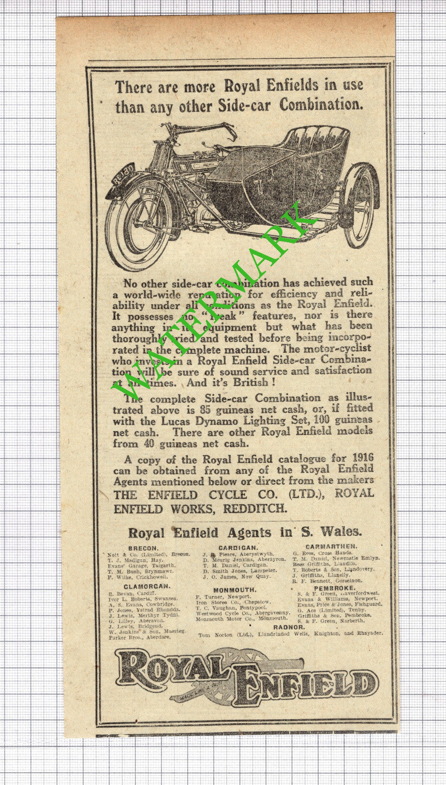 Royal Enfield Advert Great War WW1 - 1916 News Cutting