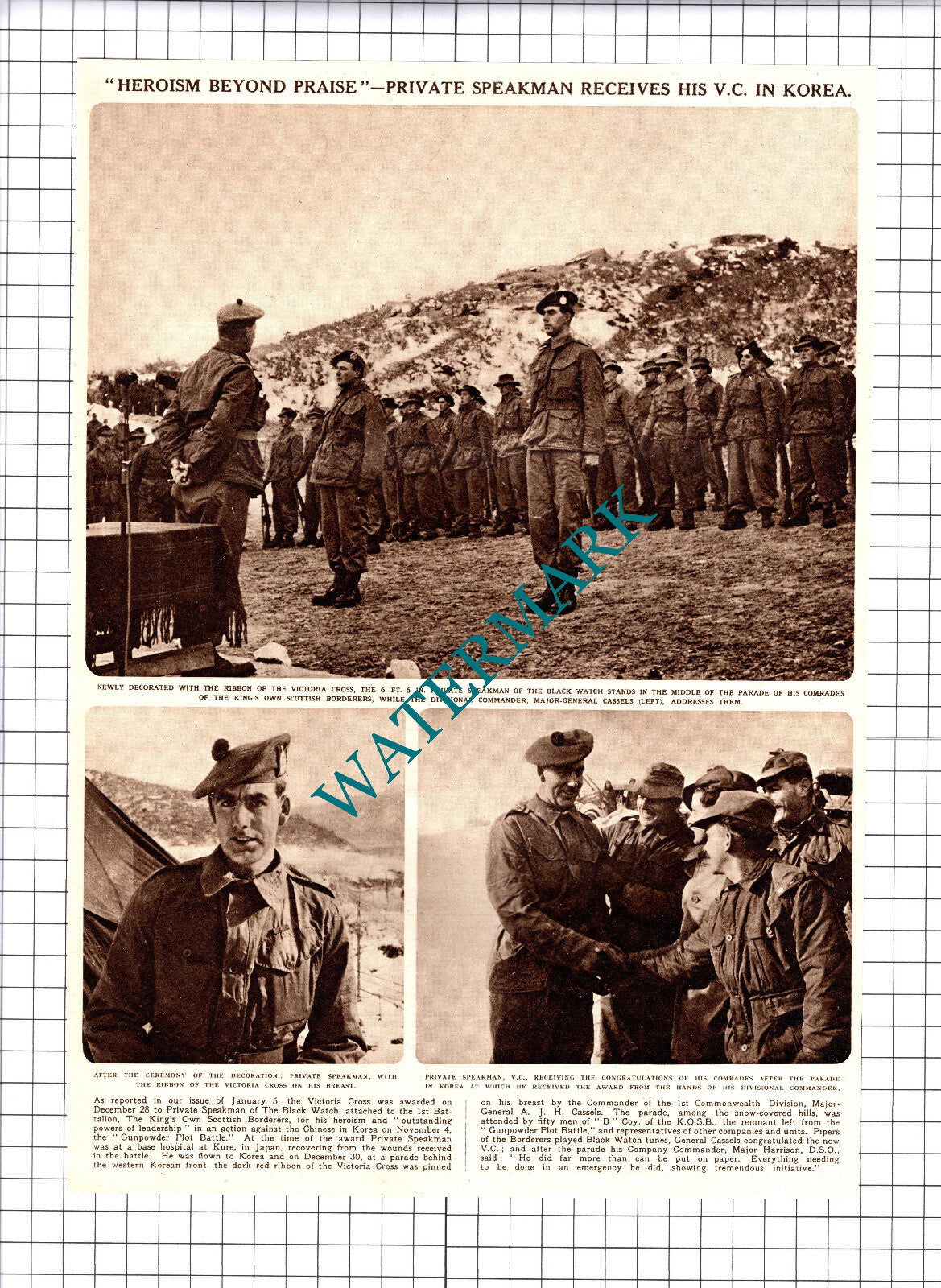 Private Speakman Black Watch Cassels Receives VC In Korea -1952 Cutting / Print