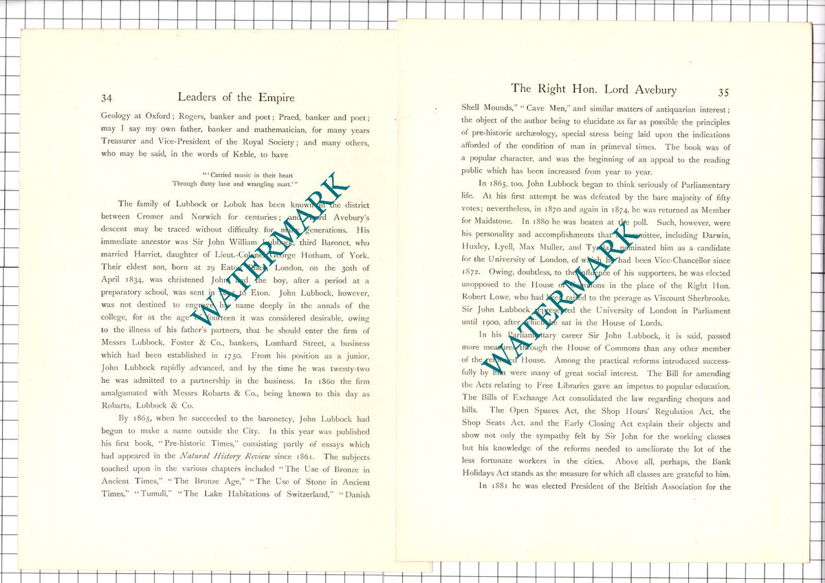 The Right Hon Lord Avebury John Lubbock -- c.1920 Print / Article