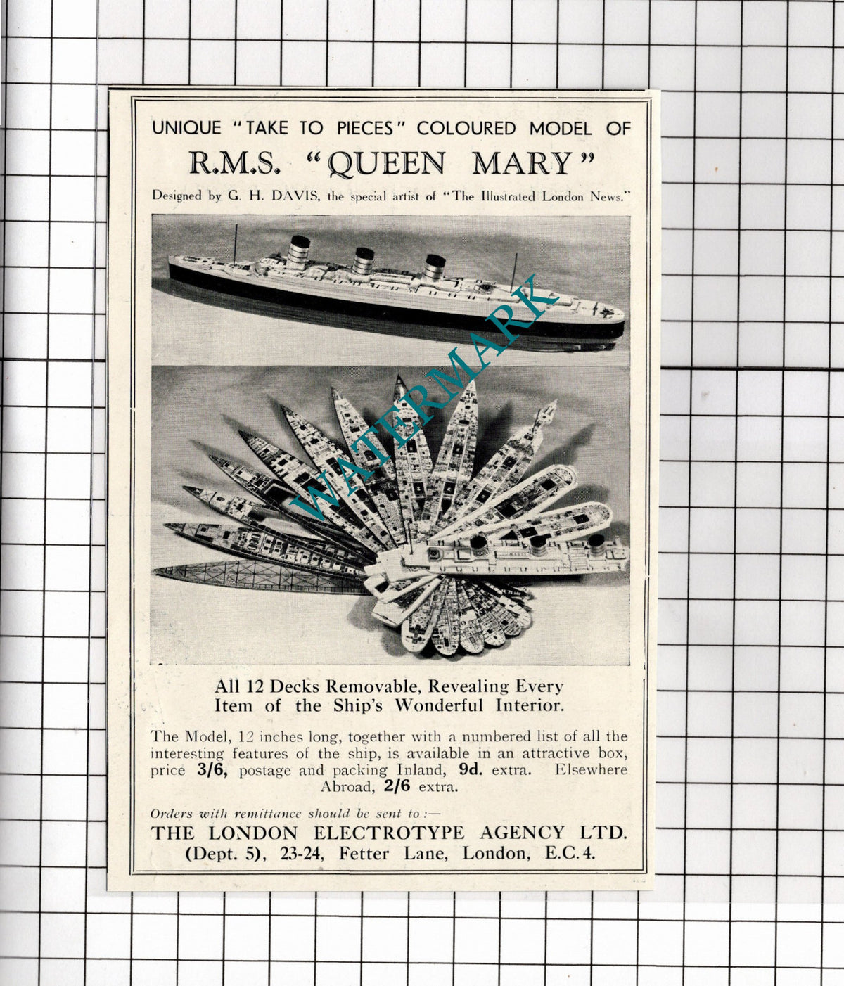 London Electrotype Agency Queen Mary Ship Model ADVERT G H Davis -1936 Clipping