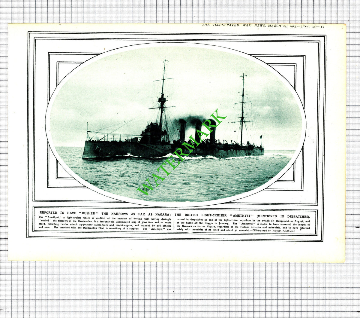 AMETHYST British Ship Dardanelles World War One WW1 - 1915 Cutting / Print