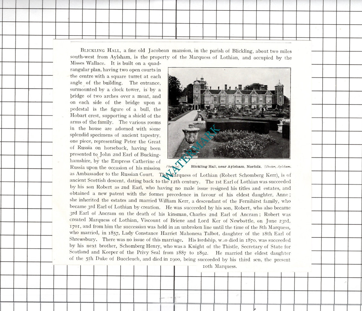Blickling Hall Blickling Aylsham Norfolk - 1911 Cutting