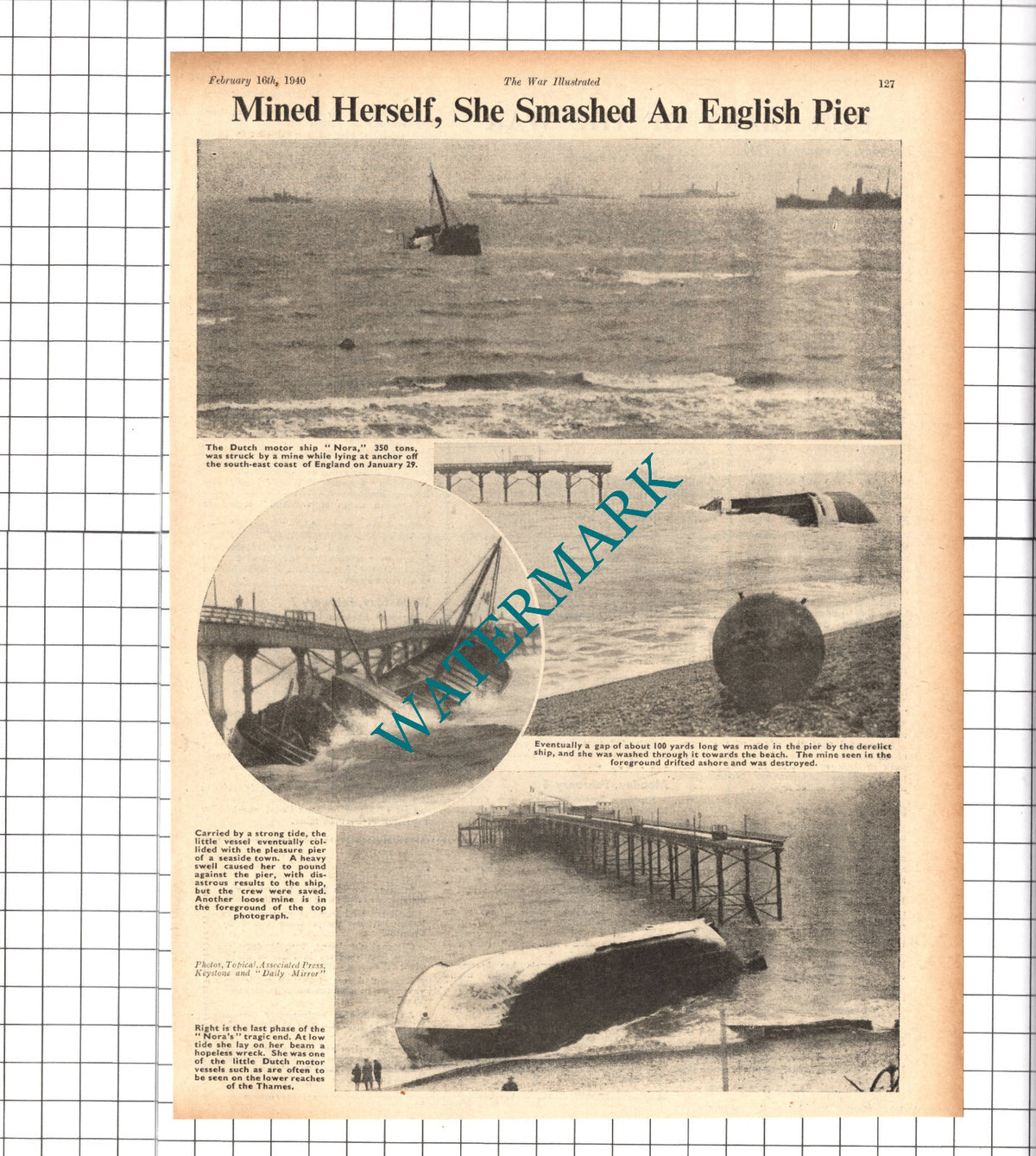 Dutch Motor Ship NORA Mined World War Two - 1940 Clipping / Print