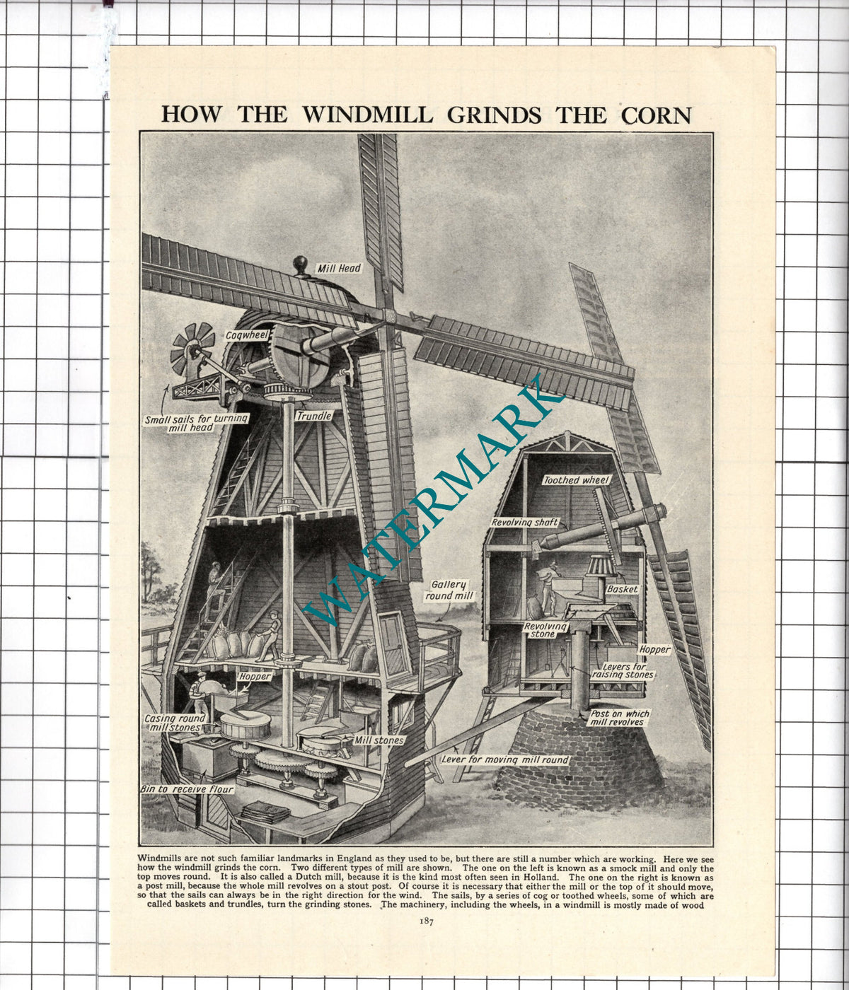 How A Windmill Works Diagram - c.1940's Cutting / Print
