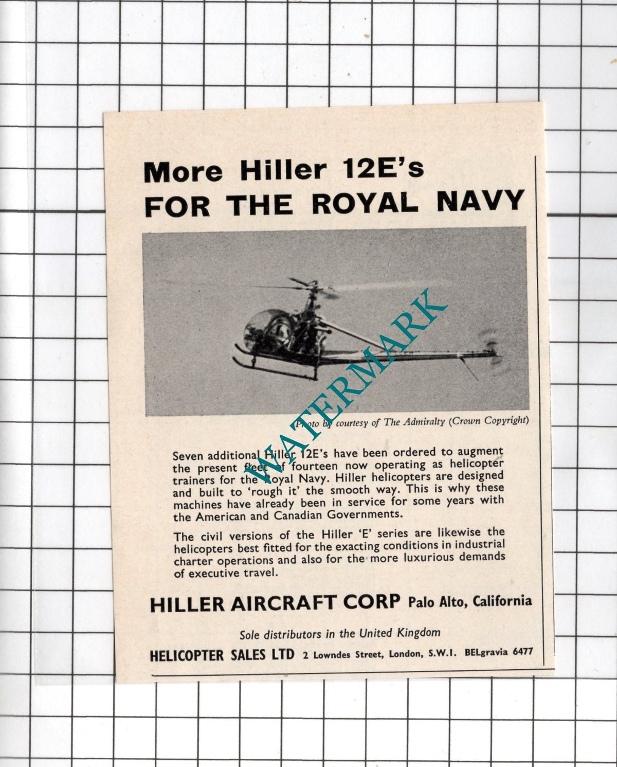Hiller Aircraft Corp Palo Alto California Hillier 12E Small Advert - 1964