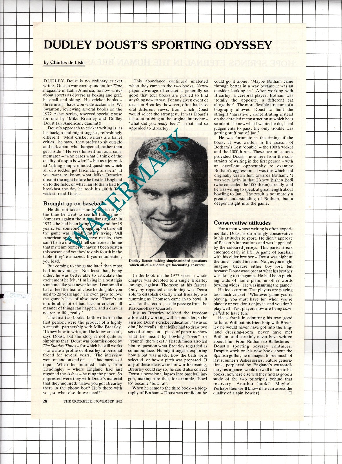 Dudley Doust Cricket Writer - 1982 Article