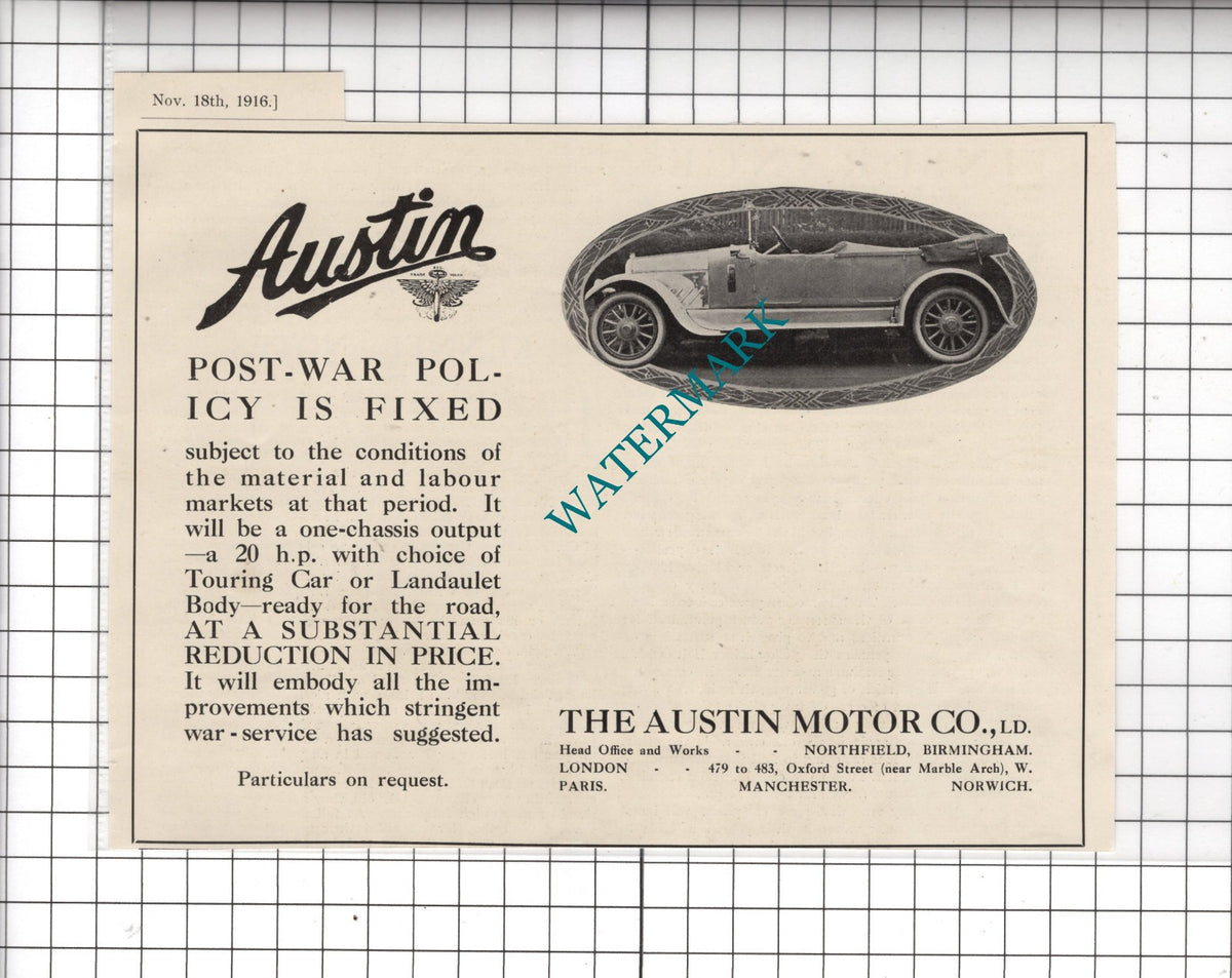 The Austin Motor Co Ltd WW1 World War One Advert - 1916