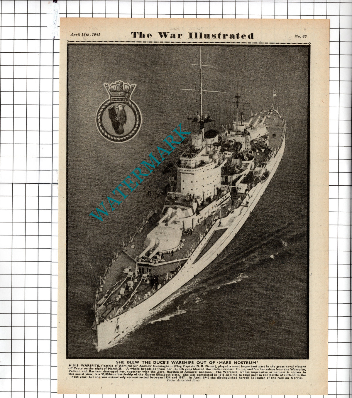HMS Warspite Ship World War Two WW2 - 1941 Clipping