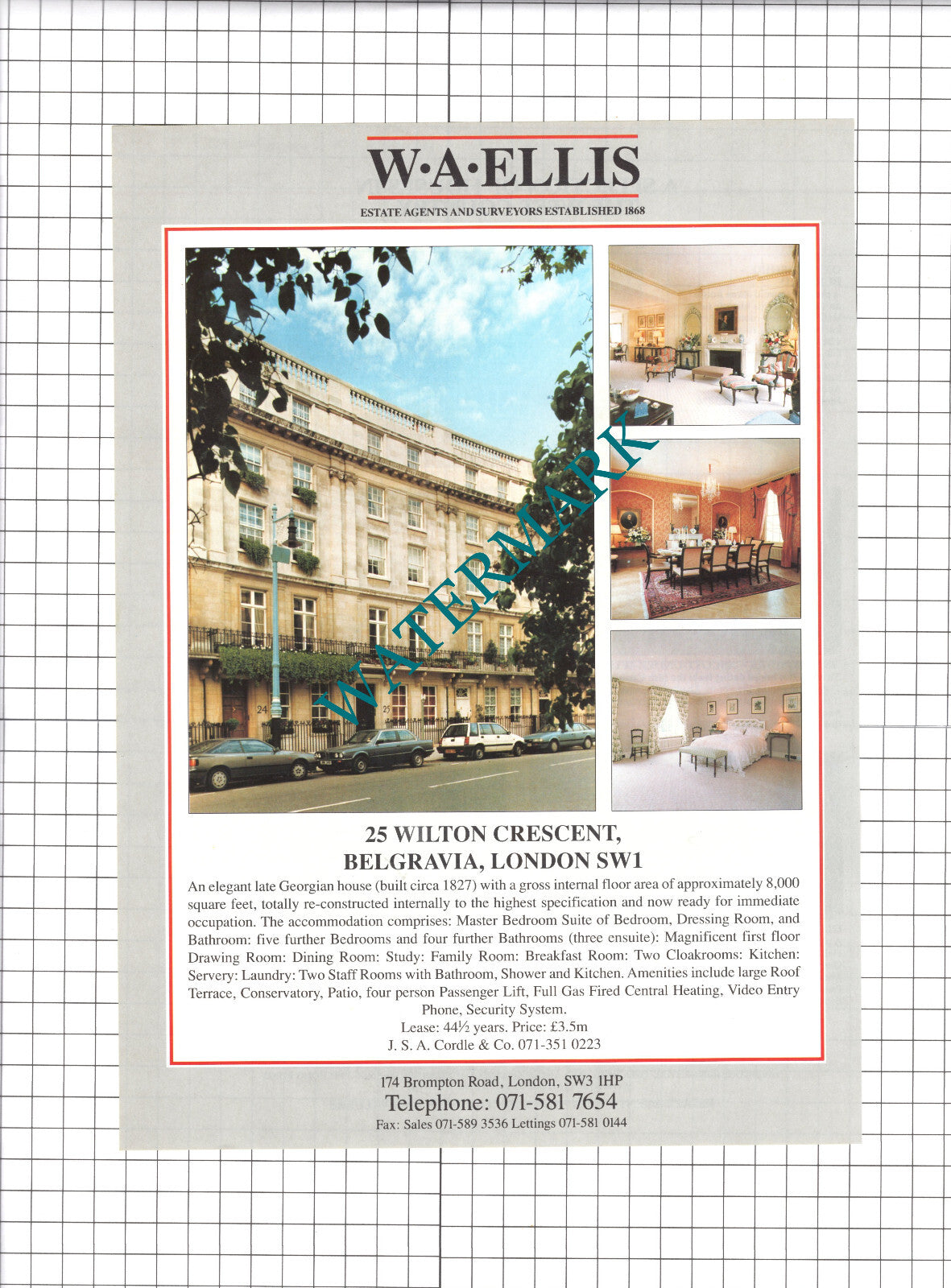 25 Wilton Crescent Belgravia London House Sale Advert - 1991 Clipping