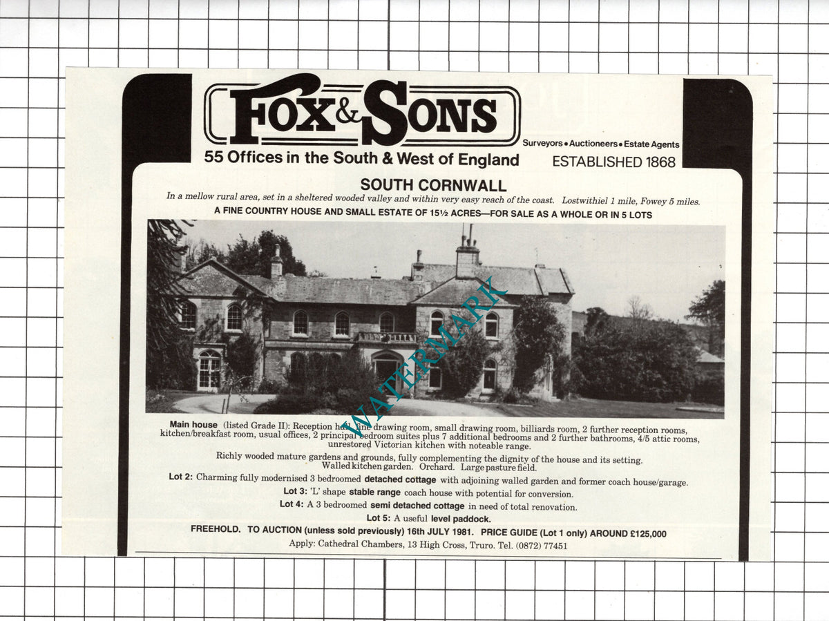 Lostwithiel Cornwall House Sale Advert - 1981 Cutting