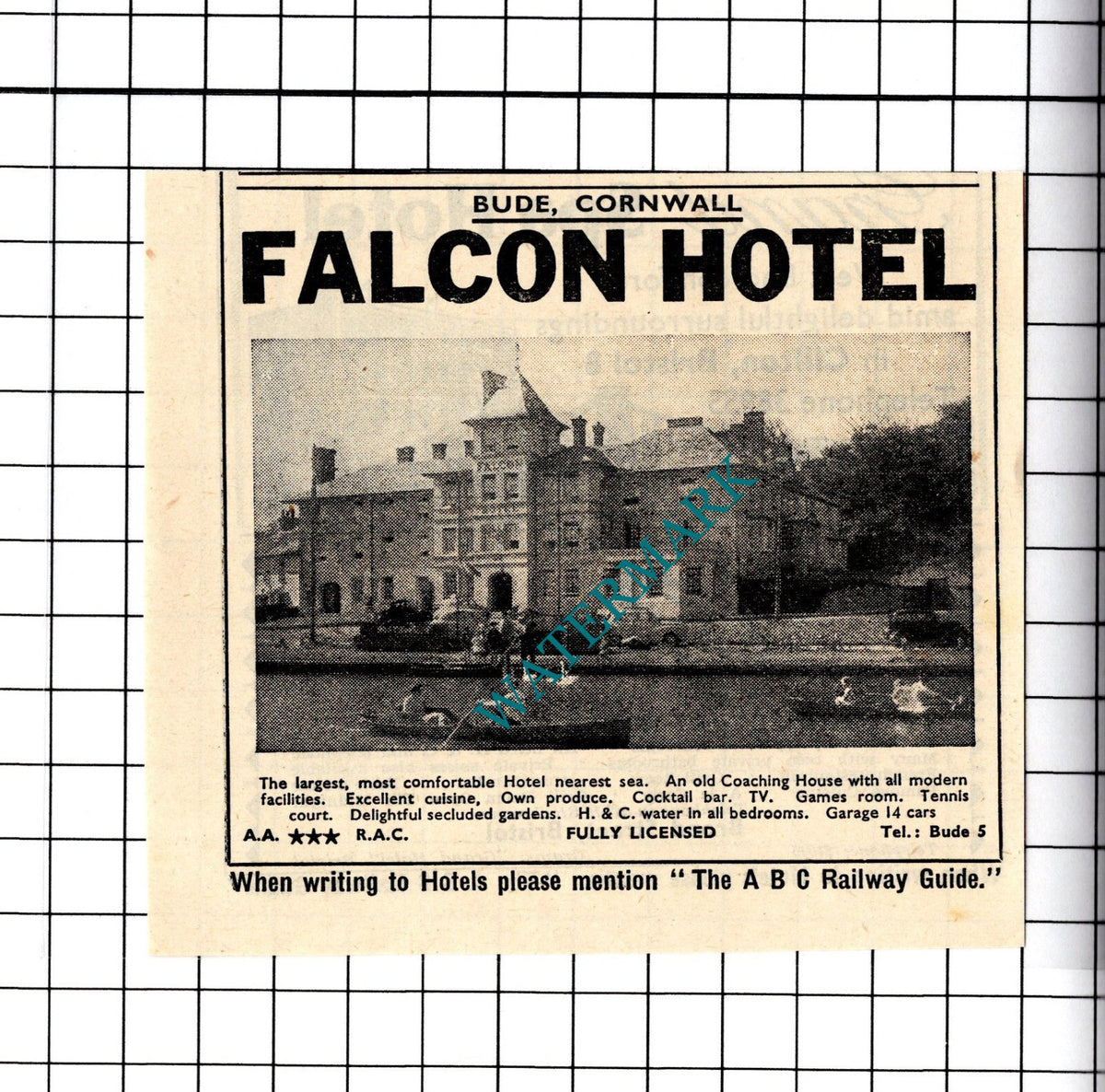 Falcon Hotel Bude Cornwall Small Advert - 1958 Cutting / Print